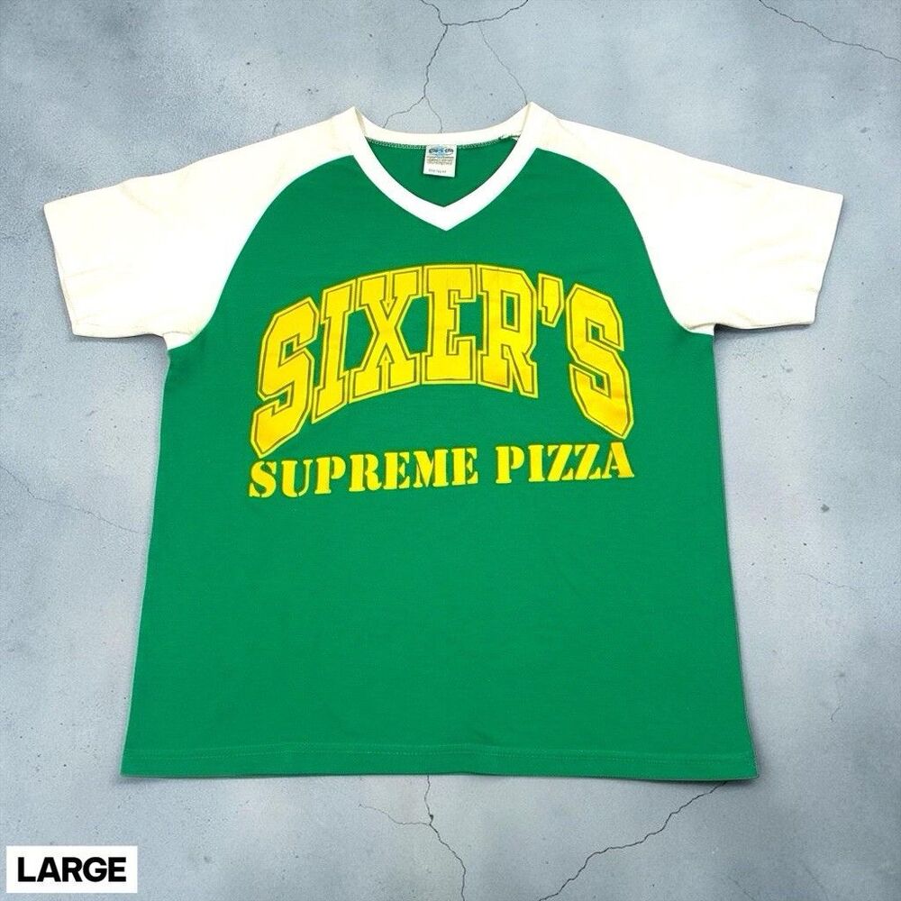 Vintage 80s Sixer's Supreme Pizza Baseball T Shirt Mens LARGE Green Raglan Tee
